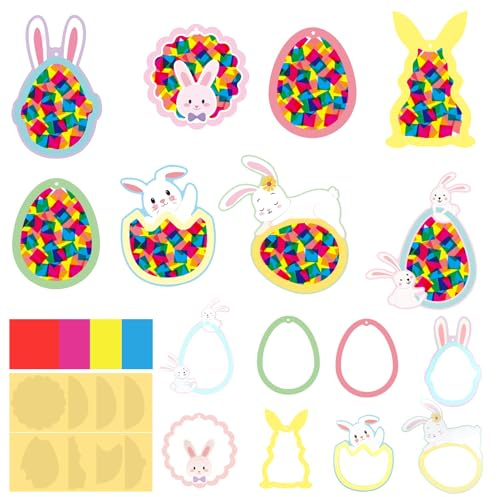 16 Stück Ostern Basteln Kinder,Fensterbilder Basteln Ostern Kinder Ostereier Bastelset,Basteln Frühling,Fensterbilder osterdeko,Frühlingsdeko Fenster für Ostern,Fenster Dekoration Mit Buntglas-Effekt