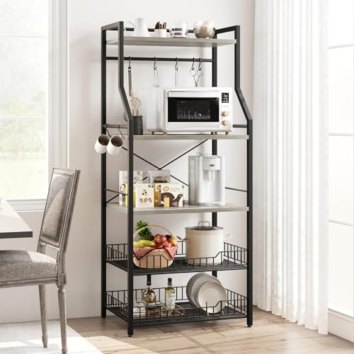 Garvee 5-Tier Kitchen Bakers Rack with Microwave Stand – Includes 2 Large Wire Baskets, 8 Hooks, and Industrial Coffee Bar Storage Shelves – Perfect for Kitchen or Dining – Color: Black+Gray