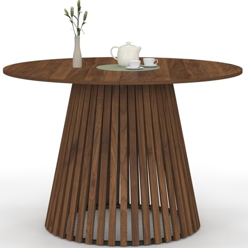 IDMarket - Runder Esstisch Carmen 6 Personen Fuß aus Nussbaumlatten und Tischplatte aus Nussbaum 110 cm