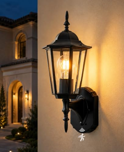 FTL Wandlampe Außen mit Bewegungsmelder, Verbesserte 3 Beleuchtungsmodi Lampe mit Bewegungsmelder Aussen, E27 Aluminium Ausenbeleutung Hauswand, Traditionell Aussenlampe Wand für Garten Haustür, IP54