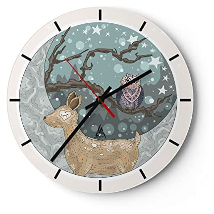 Modern Wanduhr Tiere Nacht Mond Eule 30x30cm Rund Klein Wand Uhr Glas Analog Zimmeruhren Küche Büro Wohnzimmer Glasuhr Wall Clock Dekoration Design Wanddekoration Küchenuhr C3AR30x30-2853