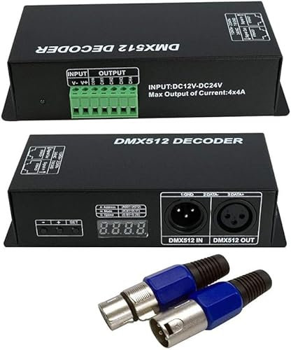 DMX 512 Digital Display Decoder, Dimming Driver DMX512 Controller for LED RGBW Tape Strip Light RJ45 Connection DC12-24V 20A (4 Channel with Display)