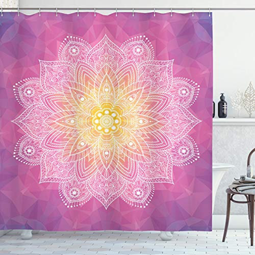 ABAKUHAUS Mandala Duschvorhang, Mandala-Blumenkunst, Stoffliches Gewebe Badezimmerdekorationsset mit Haken, 175 x 200 cm, Fuchsia Gelb