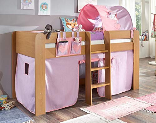 Froschkönig24 Hochbett ANDI 2 Kinderbett Spielbett halbhohes Bett Buche Stoffset Lila/Rosa, Matratze:ohne