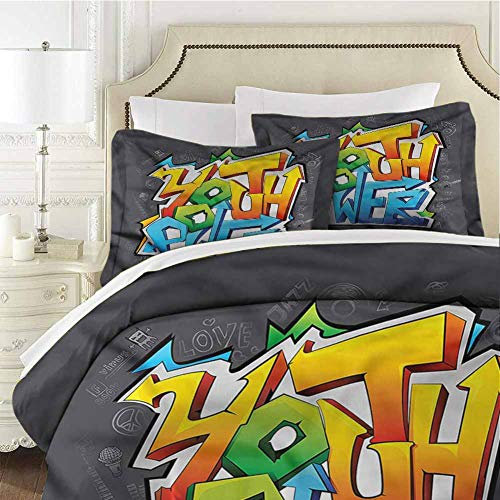 Mannwarehouse Jugend-Bettlaken-SetGraffiti Art Youth Power Bettbezug und 2 Kissenbezüge, knitterfrei, hypoallergen, Doppelbett 172,7 x 228,6 cm
