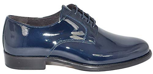 Scarpe Uomo Stringate Classiche 014 in Vernice Blu Made in Italy Fondo Vero Cuoio con Antiscivolo Man Business Eleganti (42 EU)