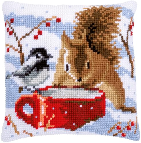 Vervaco Kreuzstich Stickpackungen Kissen Stickerei Set Anfänger Vorgedruckt Eichhörnchen & Meise DIY Set Kreativ Set Für Erwachseneca. 40 x 40 cm Bastelset Handwerker Haus Dekoration
