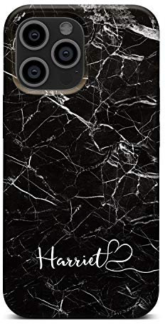 iCaseDesigner Personalised Marble Glitter Flowing Name with Heart Phone Case for Apple iPhone 11-20. Black and White Marble Name