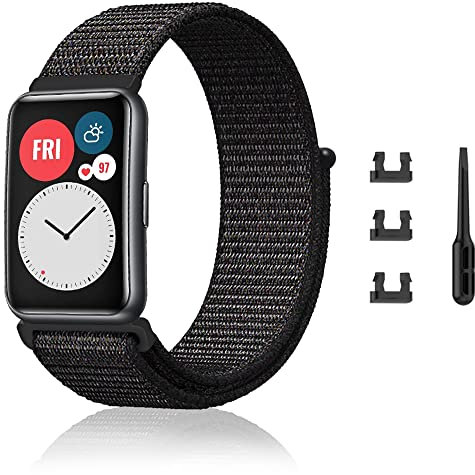 Niboow Armband für Huawei Watch Fit/Fit New/Fit Elegant/Fit SE, Weich Atmungsaktiver Ersatzriemen, Nylon Einstellbar Ersatzband für Huawei Watch Fit/Fit New/Fit Elegant/Fit Special Edition - Schwarz