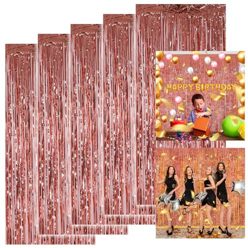 Hejo 5 Stück Lametta Vorhang Rosegold, 1M x 2M Glitzer Tinsel Curtain, Glitzer Vorhang für Geburtstag Party, Hochzeit, DIY Photo Booth, Weihnachten, Halloween Dekorationen