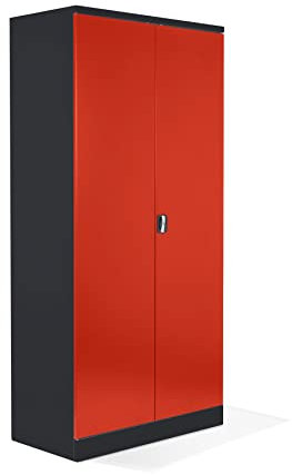 Schrank & Stuhl Aktenschrank Büroschrank Stahlschrank Flügeltürschrank mit 4 höhenverstellbaren Fachböden, 195x92x42 cm, Schwarz/Rot