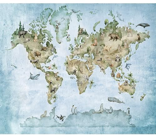 murando Fototapete selbstklebend Weltkarte für Kinder 294x210cm Foto Tapete Tapetenfolie Möbelfolie Wandverkleidung Wandtapete Motivtapeten Bildtapete Schlafzimmer 3d Effekt Kindertapete Tiere