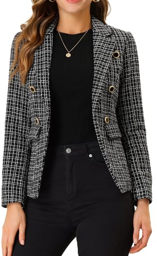 Allegra K Women's Elegant Plaid Jacket Long Sleeve Open Front Tweed Blazer