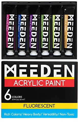 Meeden Set de peinture acrylique fluorescente, 6 couleurs 0,74 oz / 22 ML, riche en pigments, peinture artisanale non toxique pour artistes, adultes et débutants, peinture acrylique néon lourde