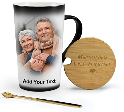 Personalised Mug - Custom Coffee Mugs with Lid and Spoon 16oz, Heat Color Changing Cup, Wood Cover can be Engraved with Name or Text, with Photos, Gift for Birthday, Mum, Dad.