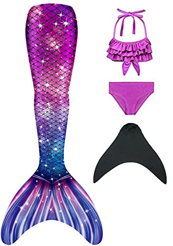 NAITOKE meerjungfrauenflosse mädchen Badeanzug - Meerjungfrau Flosse Bademode mit Bikini Set und Monoflosse Mermaid Tail, 4 Stück Set, XQSAN,120