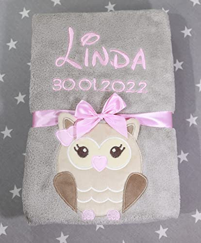 BotoBaby® - Babydecke mit Namen und Geburtsdatum - Geschenk Taufe Geburt ★ (Grau - Eule)