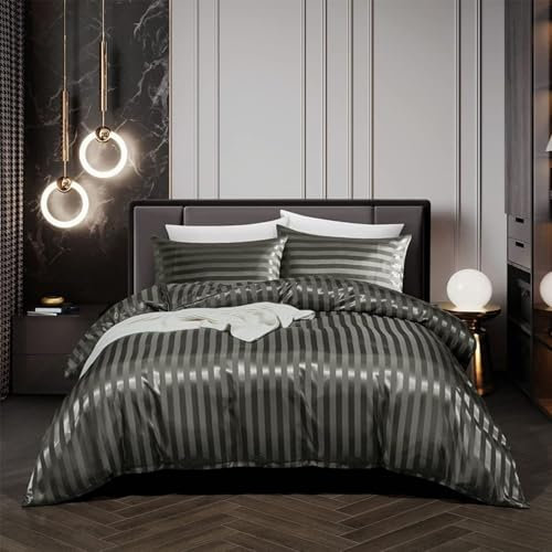 Tospass Sommer Satin Bettwäsche 135x200 cm 4 Teilig Grau Dunkelgrau Glänzend Einfarbig Bettwäsche Seide Glatt Luxus Deckenbezug Glanzsatin Gestreift Bettbezug mit Reißverschluss 2 Kissenbezug 80x80cm