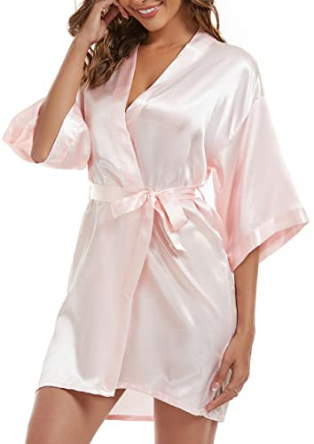 Xuepelit Satin Peignoir Mariée Femme Robes de Chambre et Kimonos de Mariée Robes de Chambre Soie Court Kimono Col V avec Ceinture