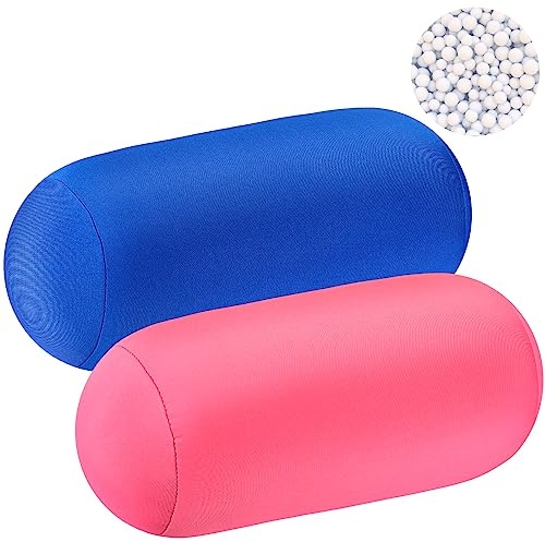 Geelin 2 Pcs Microbead Roll Pillow 11.8 x 6.3 Inch Soft Pillow Bolster Cylindrical Pillow Microbead Pillows for Sleeping Home Travel Neck Head Back Support Rest (Pink, Blue)