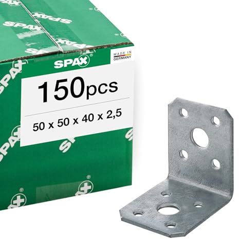 SPAX Winkelverbinder 50x50x40 mm, 2,5 mm dick, 150 St. - Holzbauverbinder | Feuerverzinkter Stahlverbinder für Holz, Beton & Stahl, 2,5 mm Blechstärke, Eckverbinder mit 10 Löchern, SXAC50