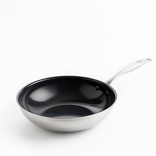 GreenChef Profile Plus Poêle Wok en Céramique Antiadhésive Saine en Acier Inoxydable de 28 cm/3,6 Litre,Sauté,Sans PFAS,Convient à l'induction,Robuste,Va au four jusqu'à 200˚C,Argent & Intérieur Noir