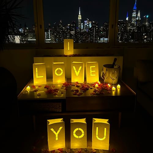 WYMM I Love You Light Up Letters with Tea Lights Candles and Rose Petals Included - Luminary Paper Bags to be Used as Anniversary Decorations and Valentines' Day Decorations for Your Loved One