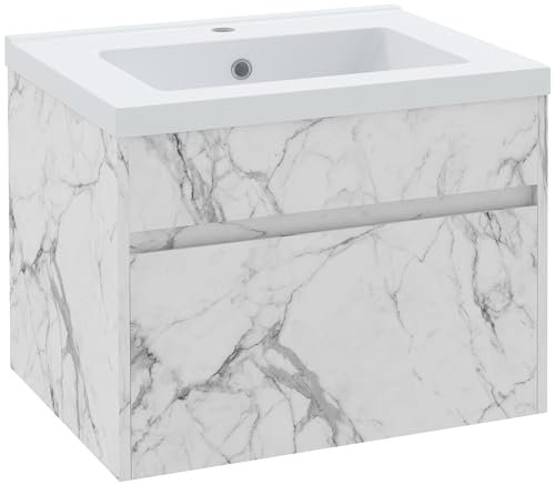 kleankin Meuble sous lavabo Suspendu Meuble de Salle de Bain Meuble sous Vasque avec Bassin en céramique et tiroir Design Moderne 60 x 45,5 x 45 cm Blanc