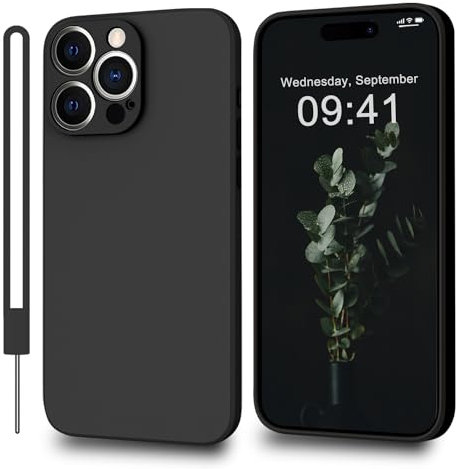 MSKJ Hülle für iPhone 15 Pro Max Silikon(6,7 Zoll), (mit Lanyard) Ultra-dünne Ganzkörper-Handyhülle Case Kameraschutz Kompatibel mit iPhone 15 Pro Max Schwarz