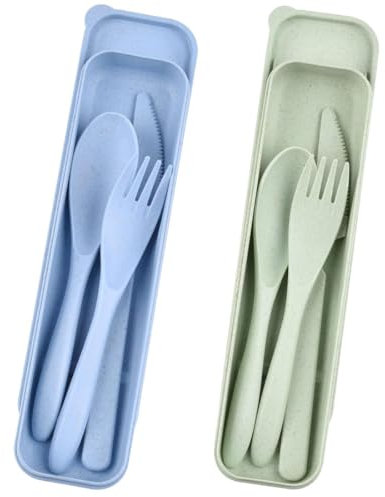 BZKSER 2 Juego de Cubiertos plastico Duro Reutilizables- con Estuche Cubiertos Cubiertos Camping portátil, Juego de vajilla de Viaje, Cuchillo, Cuchara, Tenedor para Aire Libre, Picnic Escolar