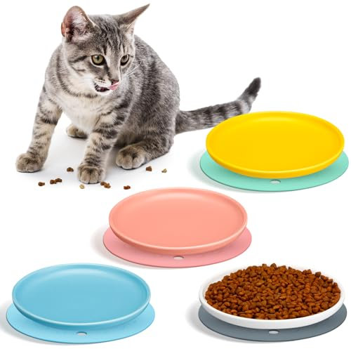 Blulu 4 Gamelles en Céramique pour Chats avec 4 Tapis en Silicone Antidérapants Assiettes de Nourriture pour Chat Bols de Nourriture Plats pour Chats pour Soulager la Fatigue des Moustaches