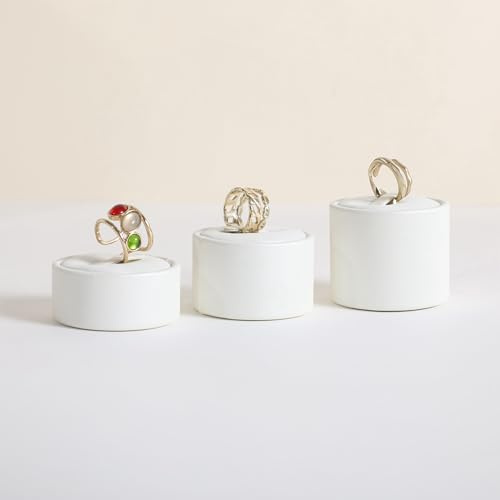 GemeShou 3er Set Weißer Ringdisplay-Ständer (Verkauf), PU-Leder Ring-Halter für Schmuckausstellung, Ring-Lager-Organisator für Boutiquen & Wohnraumdekoration【Rund-3 Stück】