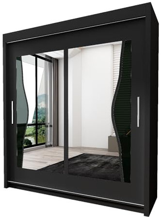 INTERWOOD Double Mirror Sliding Doors Wardrobe, featuring double sliding Doors, Hanging Rails & Adjustable Shelves, offers Space Saving solutions for Bedroom furniture in Matt finish 180 cm (black)