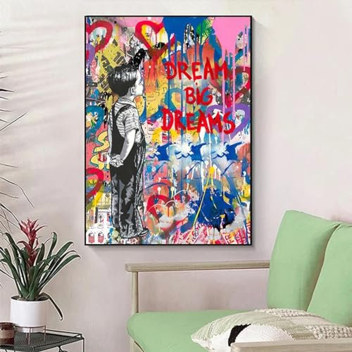 Banksy-Kunstwerk DREAM BIG DREAMS Graffiti-Kunst auf Leinwand, Gemälde an der Wand, moderne Straßenkunst-Poster und Drucke für die Inneneinrichtung, 50 x 70 cm (20 x 28 Zoll), rahmenlos