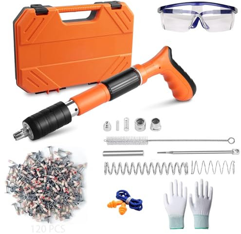 Yabingbos Pistola Sparachiodi Manuale con Potenza Regolabile su 5 Livelli, Pistola Sparachiodi Portatile 120 Pcs Chiodi Rotondi per Soffitti, Tubi, Installazione Circuiti, Decorazione Interna