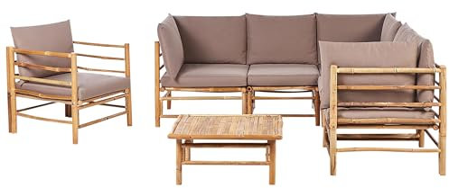 Ensemble de Jardin d'Angle Boho 6 Places avec Fauteuil Modulable avec Table Basse en Bambou et Coussins Taupe Cerreto