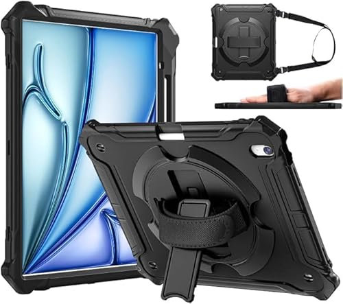 Ztotopcases für ipad Air 13 Zoll Hüllen 2025/2024 M3/M2, ipad Air 13 In Abdeckung stoßfest Ganzkörper Fallschutzhülle mit Bleistifthalter, Trageriemen, 360° drehbare Handschlaufe & Ständer, Schwarz