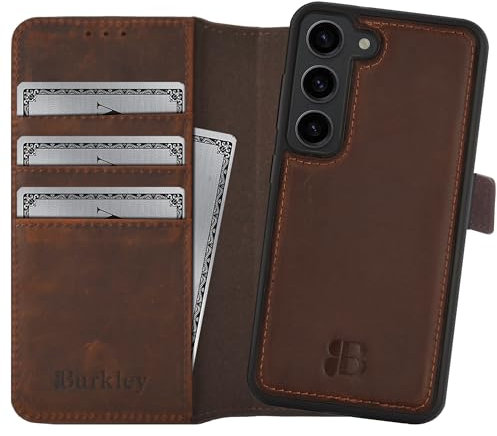 Burkley 2-in-1 Leder Handyhülle für Samsung Galaxy S24 (5G) mit Abnehmbarer Schutzhülle, 360 Grad, abnehmbares Cover, Kartenfächer und Kick-Stand (Sattelbraun)