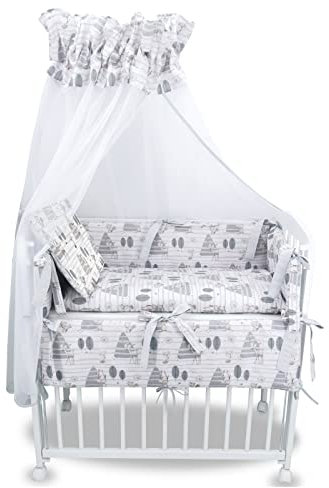 Baby Delux Beistellbett Set Babybett Komplett Set Stubenwagen weiß 90x40 mobil mit Rädern inkl. Bettwäsche Matratze (Waldfreunde grau)