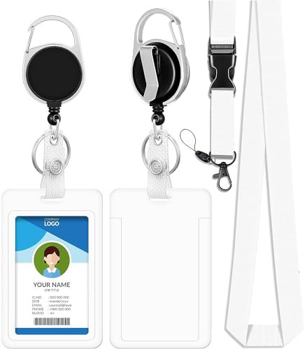 bolimoss Cordon tour de cou avec porte-carte blanc, porte-carte d'identité en plastique avec bobine rétractable noire et cordon détachable, porte-badge pour cartes d'identité, cartes de crédit,