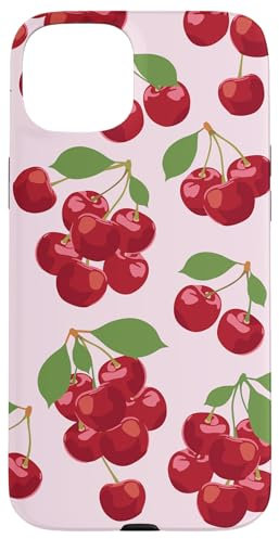 iPhone 15 Plus Coquette Cherries Green Leaves Pink Background Fruit Pattern Case