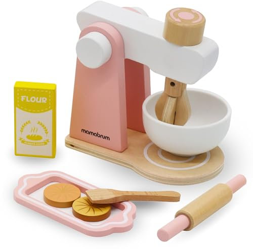 Mamabrum Mezclador de Madera con Accesorios para niños, licuadora de Juguetes para niños pequeños, Accesorios de Cocina Infantil, Juego de Cocinero: licuadora, Accesorios y Galletas (Rosas)