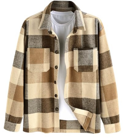 ZAFUL Lässig Kariertes Button Down Hemdjacke Herren Langarm Regular Fit Shacket mit Taschen (1-Braun,M)