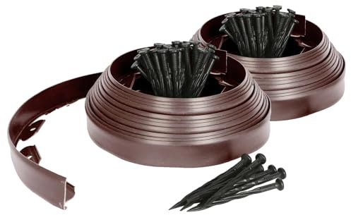Harbour Housewares 20m Flexible Lawn Edging with 80 Pegs - Brown - Plastic Garden Edging Grass Border Flower Bed Stone Path Edge Height 4cm Patio Landscaping Divider Palisade