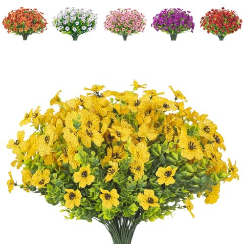AIOR 10 Piezas Flores Artificiales de Seda Flor Falsas en Interiores y Exteriores, Arbustos Resistentes a Los Rayos UV Plantas para Colgar, para Casa Jardín Ventana Boda Decoración (Amarillo)