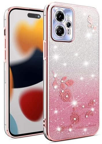 ILING Ragazza Cover per Motorola Moto G13 / Moto G23, Colorato Custodia con Elegante Pattern di Rose, Brillantini Strass, Ultrasottile Morbido Silicone TPU Bumper Antiurto Case (Rosa)