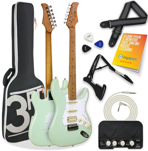 3rd Avenue Stateside Full Size 4/4 Electric Guitar Ultimate Kit with 5W Amp, Cable, Stand, Padded Gig Bag, Strap, Picks, FREE LESSONS – Liberty Green
