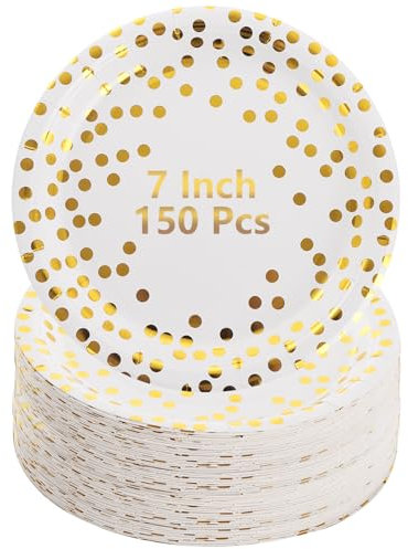 SHUESS 150 Pcs White and Gold Paper Plates - 7 Inch White Paper Plates Round with Gold Foil Dots - Disposable Party Tableware Party Supplies for Party, Birthday, Festival, Baby Shower, Graduation