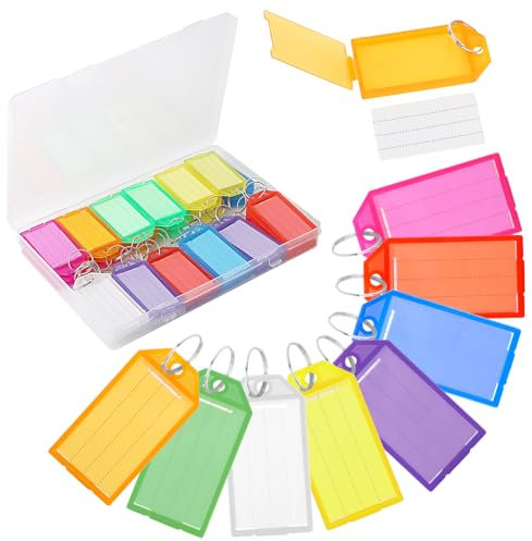 36 Pièces Porte Clés Porte Clef en Plastique de 5 cm,Étiquettes en Papier Vierge Lignées Couvercles Transparents,Pour Identificateur de Clé de Porte, Valise, Hôtel, Animal de Compagnie