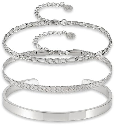 GD GOOD.designs Armband Set (3Stück) versilbert - Wasserfeste und größenverstellbare silberne Armkettchen aus 316L Edelstahl | Schlangenarmband, Gliederarmband, Armreif in Silber